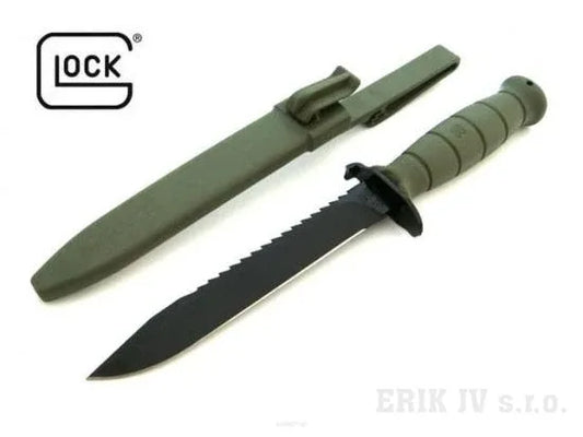 Green Glock field knife by MRA-IL with matching nylon sheath, ideal for outdoor and tactical use.