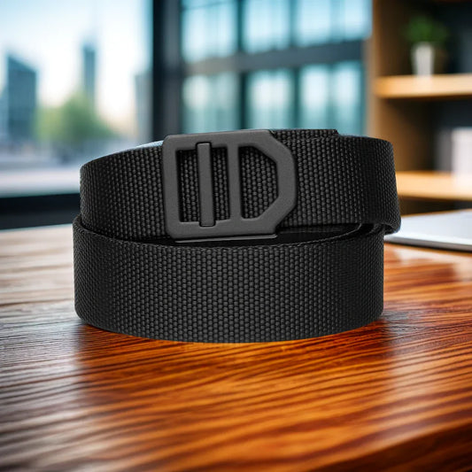 Black Rachet Weapon Belt by MRA-IL, featuring moderate rigidity and sturdy design, displayed on a plain background.