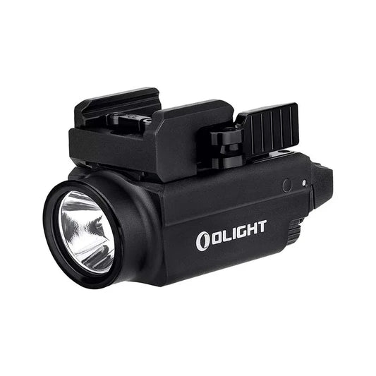 Black MRA Baldr S tactical flashlight with green laser sight mounted on a pistol for enhanced aiming and visibility.