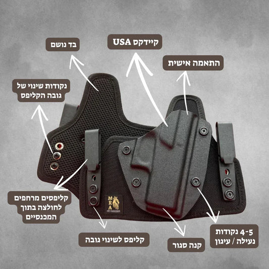 MRA-IL custom high-density internal and external Glock 43 pistol holster showing snug fit and adjustable padding.