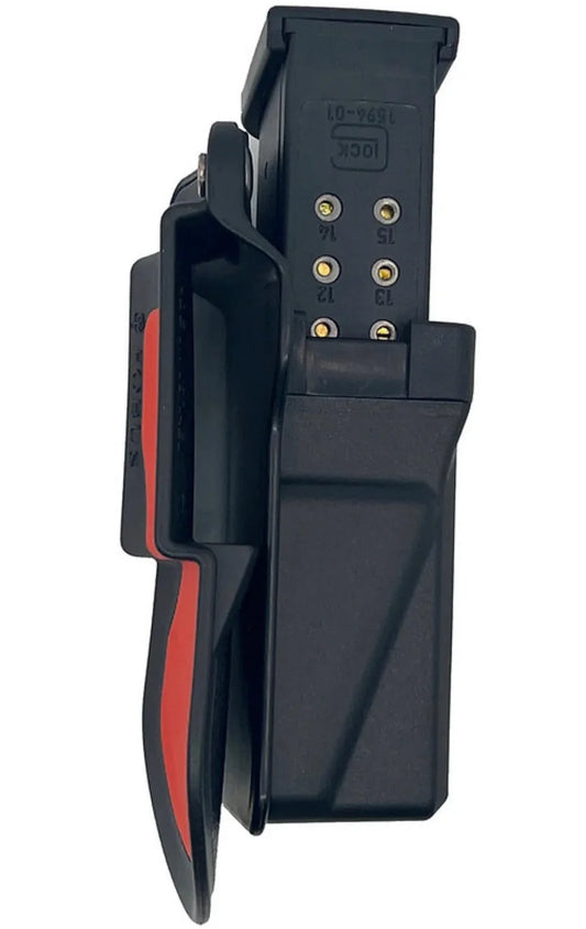 MRA-IL 9mm pistol magazine holder with belt pedal, external double-row design, shown in full view.