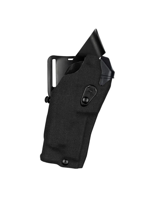 Safariland external holster for Glock 19 with X300 flashlight, MRA-IL brand, showing the rugged black tactical design.