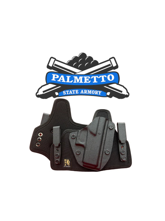 Palm metal hybrid inside and outside holster for Palmetto State Armory Dagger Micro pistol, by MRA-IL, shown with the firearm inside.