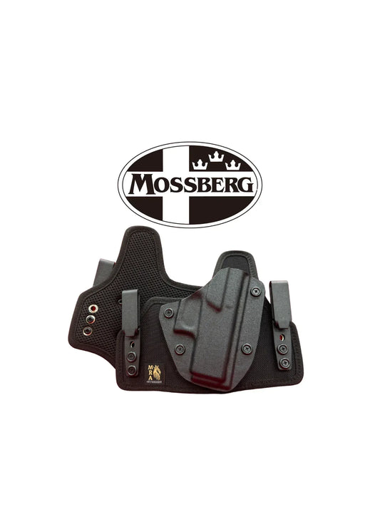 MRA-IL hybrid internal and external Mossberg gun holster showing the tan and black design with adjustable straps
