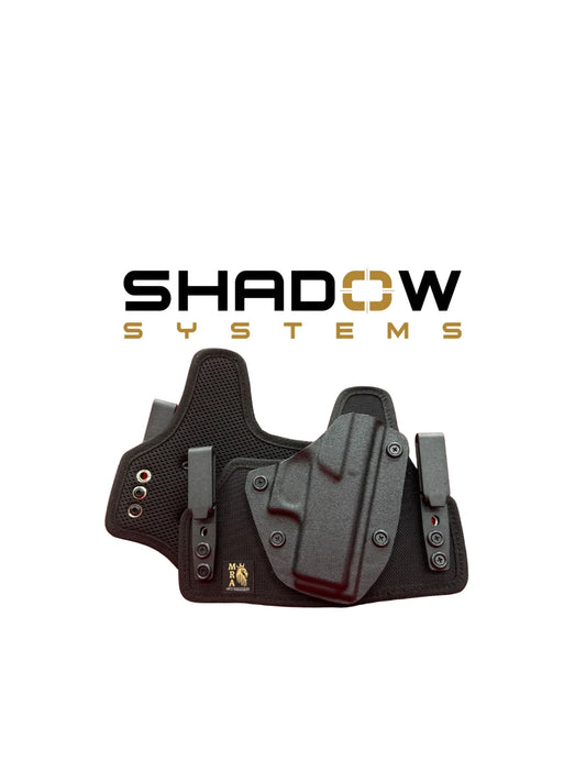 Hybrid internal and external gun holster for Shadow Systems pistol, MRA-IL brand, shown with a firearm in a secure carrying position.