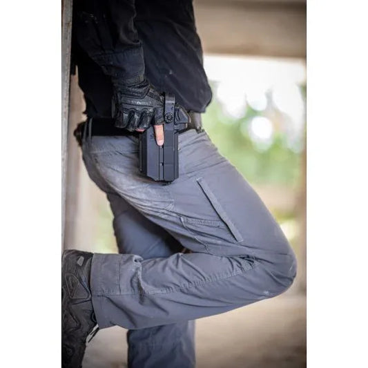 MRA-IL external holster with light for handgun, black outdoor gun case with flashlight attachment, designed for easy access and security.