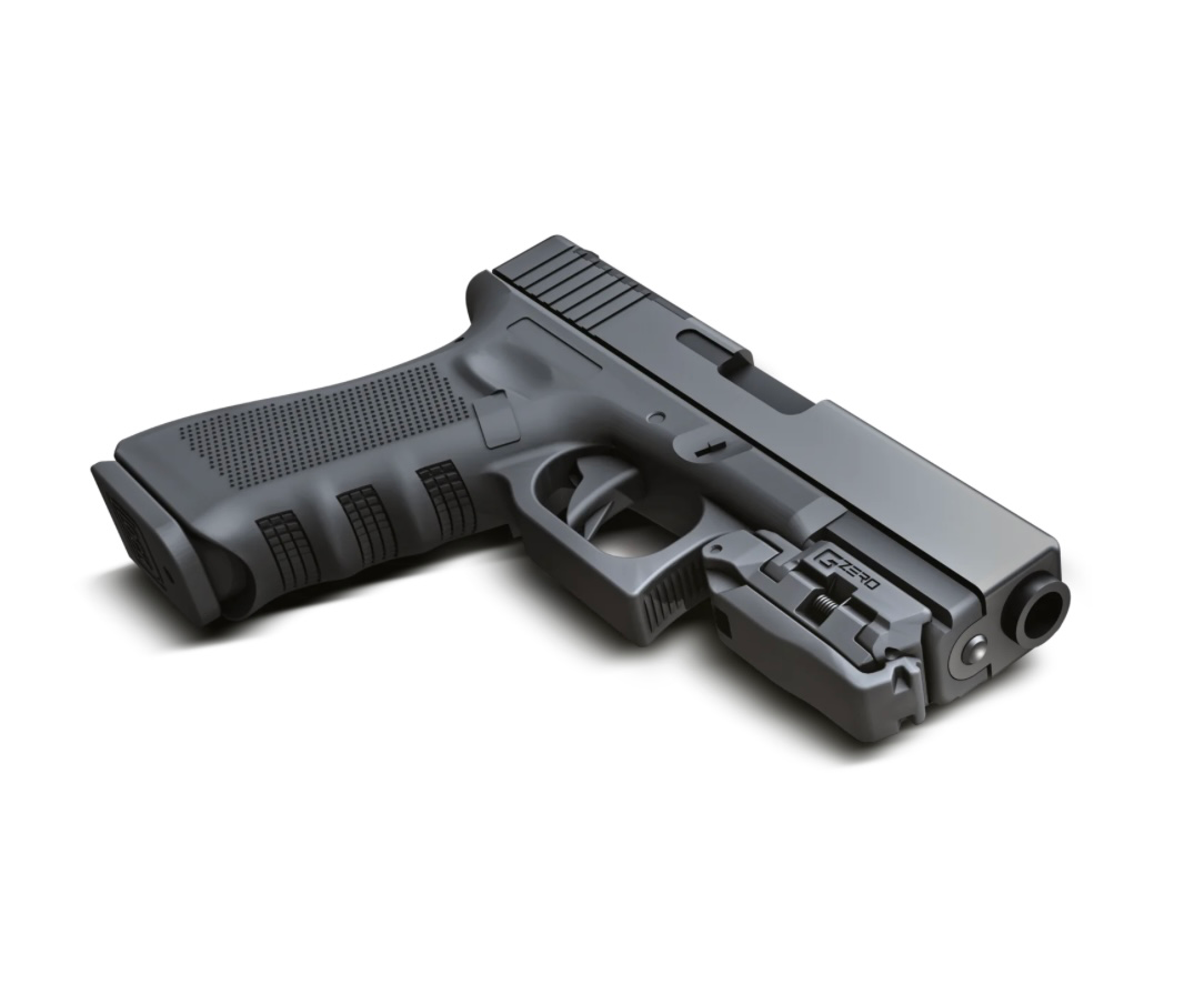 MRA-IL G Zero internal slide holder for rail guns, shown connected to a rail firearm in a close-up view.